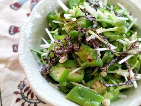 おくらといんげんの貝割れ塩昆布♩